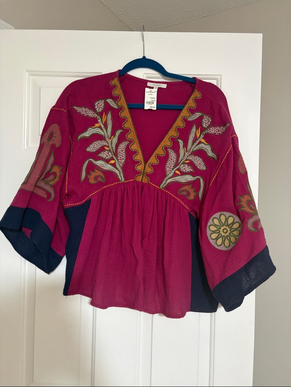 Embroidered Magenta Peasant Top with Navy Accents